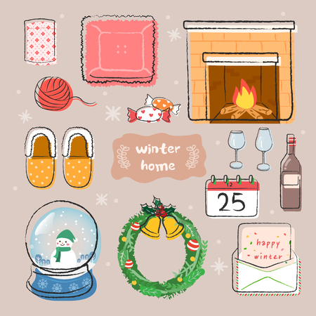 Winter home icons set. Vector laters with Fireplace, cushion, lease, snowballのイラスト素材