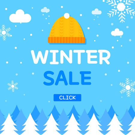 Winter sale vector poster design with Fur hat, Trees, white snowflakes and winter sale text for shopping promotion. Vector illustration.のイラスト素材