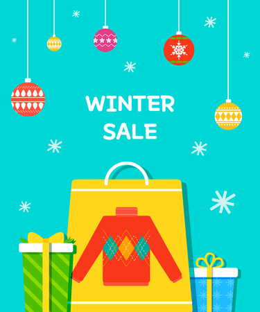 Winter sale vector poster design with shopping bag, gift box and winter sale text for shopping promotion. Vector illustration.のイラスト素材