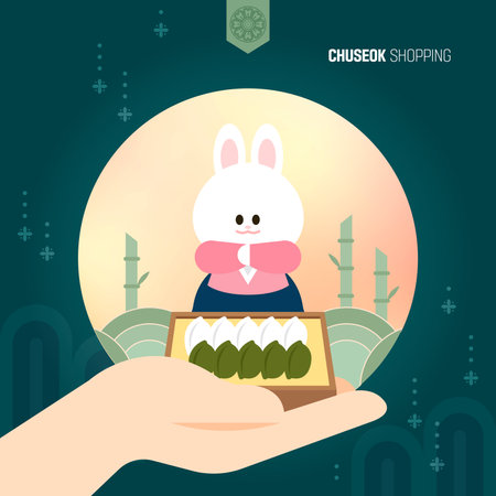 Full Moon Rabbit Gradient Chuseok Shoppingのイラスト素材
