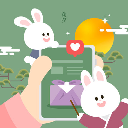 Full Moon Rabbit Gradient Chuseok Shoppingのイラスト素材