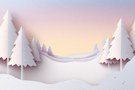 Whimsical layered paper art winter landscape with snow-covered pine trees and pastel sky.の素材
