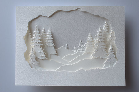 Artistic Paper Cut White Winter Forest Scene with Layered Pine Trees and Textured Hillsの素材
