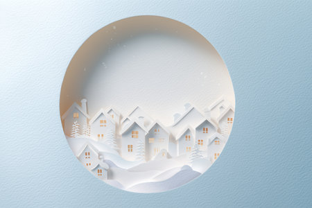 Serene Paper Cut Winter Village Scene with Snow-Covered Houses and Trees, Framed in a Gentle Circleの素材