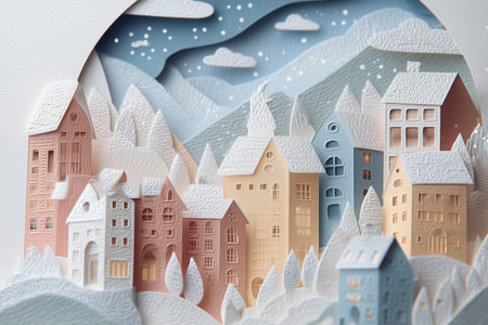 Enchanting Layered Paper Art of a Cozy Winter Wonderland Town at Night.の素材