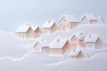 Charming Papercraft Winter Village Scene with Cozy Illuminated Houses and Snowy Landscapeの素材