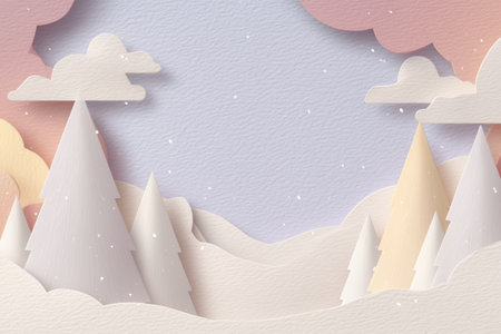 Soft Pastel Layered Paper Cut Winter Landscape with Textured Snow, Clouds, and Abstract Pine Trees.の素材