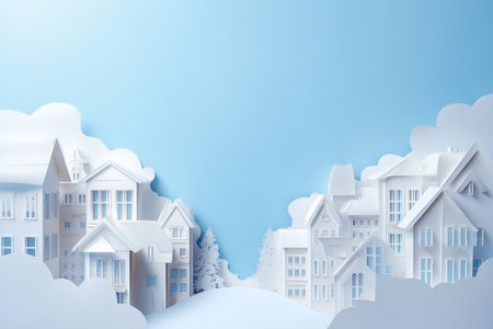 Minimalist Paper Art Winter Town with White Houses and Snowy Landscape under Bright Blue Skyの素材