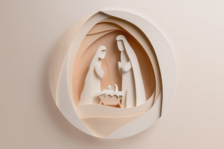 Modern Paper Cut Nativity Scene with Mary, Joseph, and Baby Jesus in Soft Neutral Tones.の素材