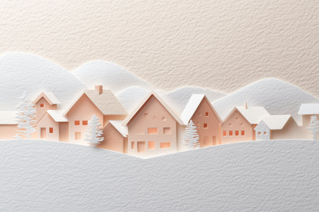 Charming paper craft winter village scene with cozy homes nestled in snowy hills, glowing warmly.の素材