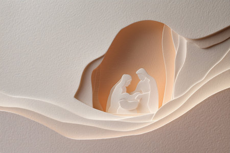 Serene Papercut Nativity Scene Featuring the Holy Family with Baby Jesus in a Grottoの素材