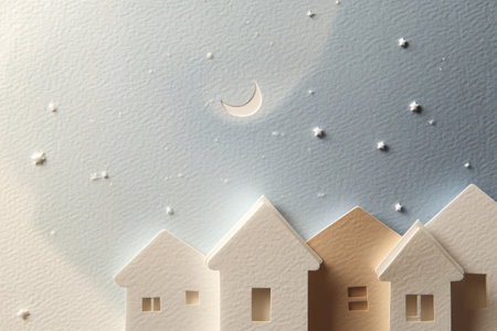 Whimsical paper craft village nestled under a serene starry night sky with a crescent moon.の素材