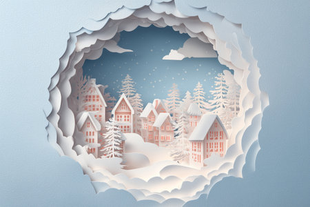 Enchanting Paper Cut Winter Village Landscape with Cozy Glowing Houses and Snowy Treesの素材