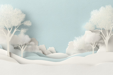 Beautiful minimalist paper cut winter landscape with intricate white trees and serene snowdrifts.の素材