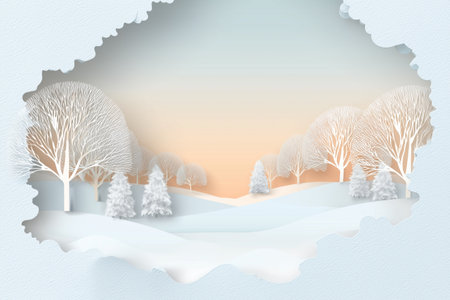 Serene paper cut-out winter forest scene with frost-covered trees and gentle snow drifts at sunrise.の素材