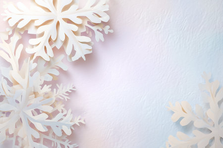 Elegant Paper Cut Snowflakes Layered on Soft Pastel Textured Background with Ample Copy Spaceの素材