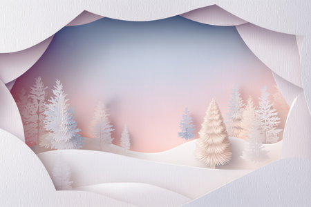 Beautiful Paper Cut Winter Landscape with White Fir Trees and Soft Pink Blue Skyの素材
