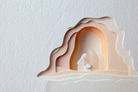 Elegant Three-Dimensional Paper Art Displaying the Holy Family Nativity Story in Soft Tonesの素材