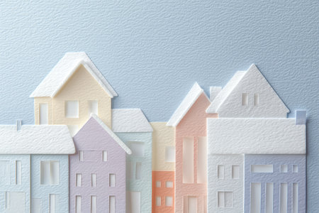 Charming row of stylized pastel paper cutout houses with textured details against a serene blue background.の素材