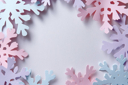 Delicate Pastel Paper Snowflakes Frame on Textured White Background for Winter Holiday Design Copy Spaceの素材