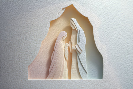 Minimalist paper cut Nativity scene depicting Mary, Joseph, and baby Jesus in a serene stable cave.の素材