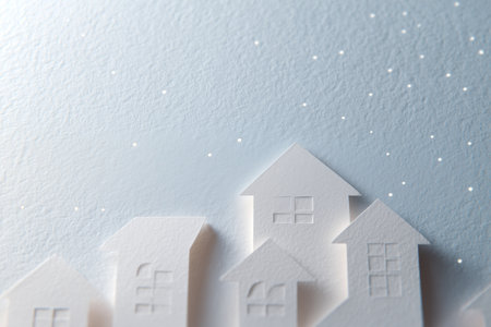 Minimalist paper cut-out houses representing a cozy, abstract community in winterの素材