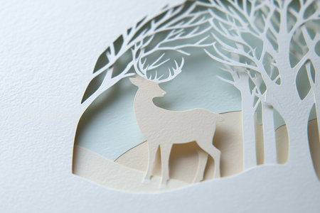 Delicate multi-layered paper cut art featuring a majestic deer in a winter forest scene.の素材