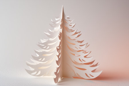 Elegant White Paper Cut Christmas Tree with Warm Glow and Textured Minimalist Backgroundの素材