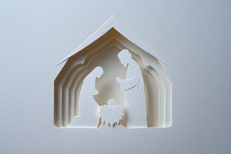 Delicate paper cut Christmas Nativity scene in a minimalist, layered white textured art style.の素材