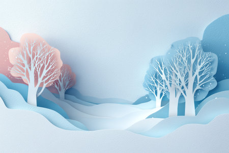 Soft Textured Paper Cut Winter Wonderland with Bare Trees and Serene Snow Driftsの素材
