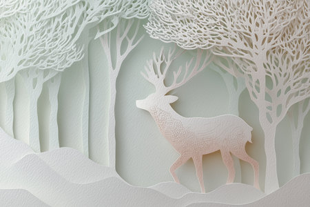 Elegant Paper Cutout Art of a Majestic Deer in a Serene Winter Forest Landscapeの素材