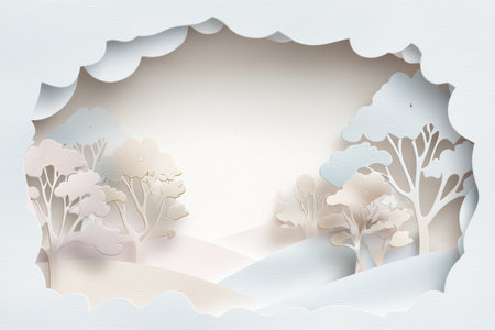 Dreamy Pastel Paper Art Landscape with Minimalist Trees and Cloud-shaped Borderの素材