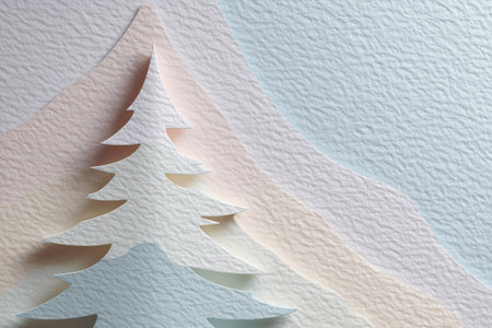 Softly textured paper art showcasing delicate layered evergreen trees in a calm, contemporary winter scene.の素材