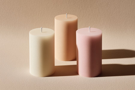 Elegant minimalist composition of three textured cylindrical candles in pastel colors on a neutral background.の素材