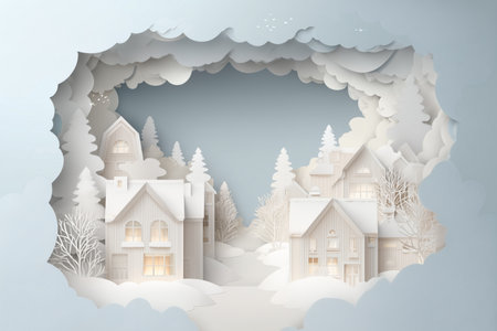 Charming paper cut art winter village with cozy white houses, snowy trees, and clouds.の素材