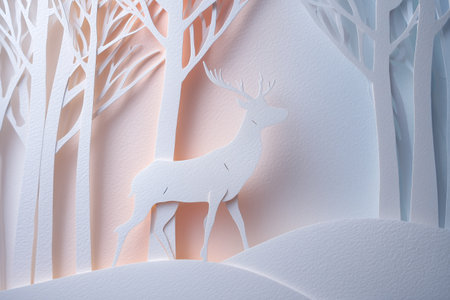 Delicate layered paper cut illustration of a tranquil winter landscape with a majestic stag.の素材