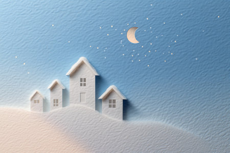 Whimsical paper-cut winter village under a serene starry night sky with crescent moon.の素材