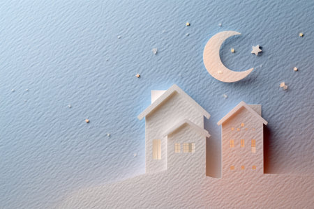 Cozy paper cut houses glowing under a serene starry night sky with a crescent moon.の素材