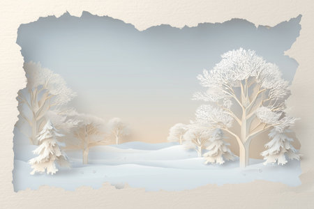 Delicate paper craft winter wonderland with frosted trees, soft snowy hills, and serene ripped paper frame.の素材