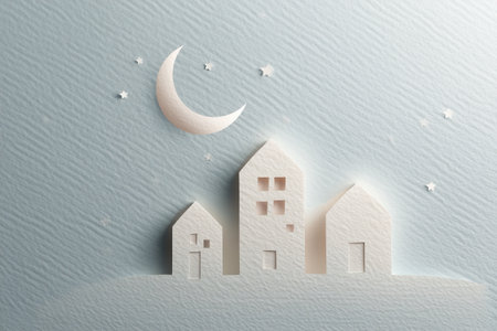 Dreamy paper cut-out village scene with minimalist white houses under a serene crescent moon and stars.の素材