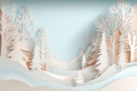 Serene paper art winter scene with white trees, snowdrifts, and a soft blue sky.の素材