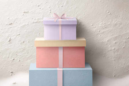 Elegant stack of three pastel colored gift boxes tied with delicate pink ribbons, minimalist background.の素材