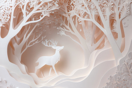 Delicate Paper Craft of a Graceful Deer Amidst an Ethereal Layered Forest Landscapeの素材