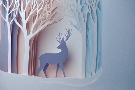 Elegant layered paper cut winter forest scene with a graceful deer in soft pastel tones.の素材