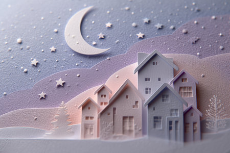 Charming paper art village with pastel houses under a starry night sky and crescent moon.の素材