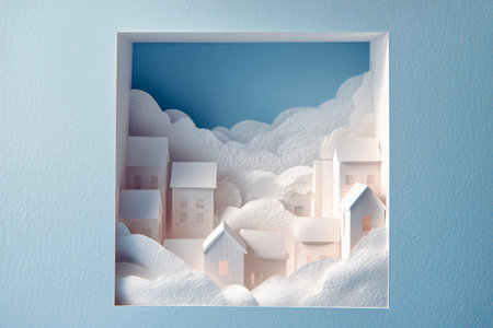 Dreamy paper craft landscape featuring a charming town nestled among soft, white hills and clouds.の素材