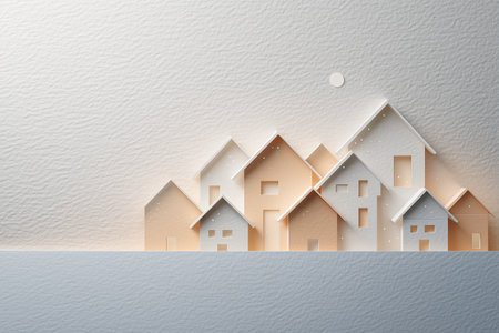 Cozy Paper Cut Village with Warm Glowing Houses and Gentle Snowfall on Textured Backgroundの素材