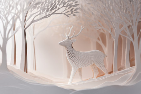 Artistic paper craft illustration depicting a graceful white deer walking through a tranquil layered forest scene.の素材