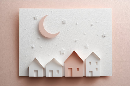 Charming Paper Cut-Out Houses under a Soft Pink Moonlit Night Skyの素材