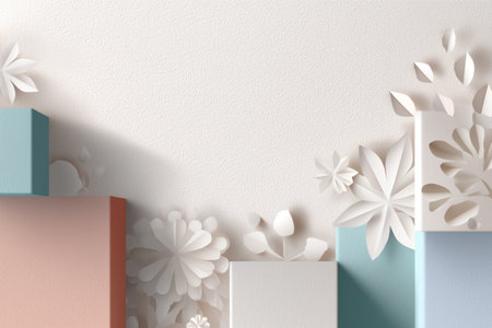 Elegant Minimalist Pastel Background with 3D Geometric Blocks and Delicate White Paper Flowersの素材